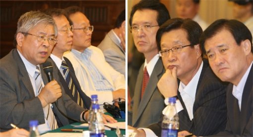 17일 서울 중구 명동 은행연합회관에서 ‘한나라당 이대로 좋은가?’를 주제로 열린 ‘제1차 대한민국 선진화를 위한 시민단체 연석회의’에서 강재섭 대표(오른쪽 사진 가운데) 등 한나라당 관계자들이 서경석 기독교사회책임 공동대표(왼쪽 사진 왼쪽) 등의 발언을 경청하고 있다. 박영대 기자