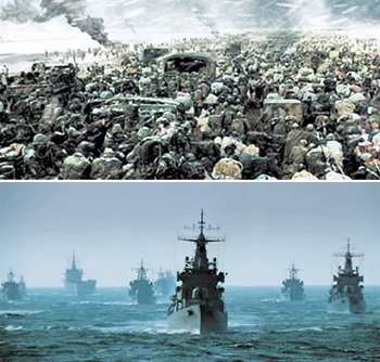 2004년 국내에서 처음으로 컴퓨터그래픽(CG)기술로 대규모 군중 장면을 연출한 영화 ‘태극기 휘날리며’의 한 장면(위)과 가상 CG 함대가 등장하는 영화 ‘한반도’.