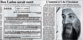 佛일간지, 기밀문서 보도프랑스 동부 로렌의 지역신문 ‘레스트 레퓌블리캥’은 23일 프랑스 대외안전총국 내부문서와 함께 오사마 빈 라덴의 사망설을 보도했다. AFP 연합뉴스