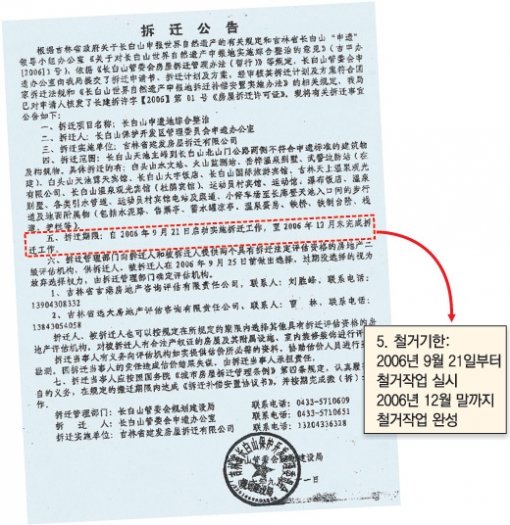 중국 지린 성 산하 창바이산보호개발구관리위원회가 21일 한국인이 경영하고 있는 백두산 등산로 입구의 숙박시설들에 보낸 철거 공고문.