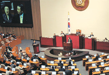 정형근 한나라당 의원이 10일 오후 국회 본회의에서 북한 핵실험과 관련해 한명숙 국무총리에게 긴급 현안 질의를 하고 있다. 김경제 기자