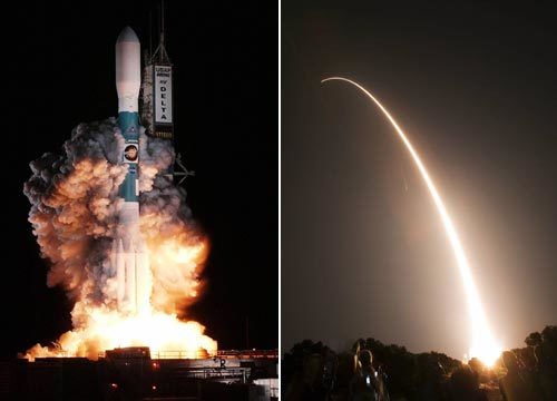 델타Ⅱ 로켓에 실려 우주를 향해 발사되고 있는 NASA 쌍둥이 태양 관측위성 스테레오. 스테레오는 2년 동안 태양을 관측하고 관련 정보를 미국 항공우주국(NASA)으로 송신할 예정이다. (AFP=연합)