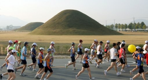 28일 동아경주마라톤오픈 대회 참가자들이 대능원 지역을 지나고 있다. 홍진환기자