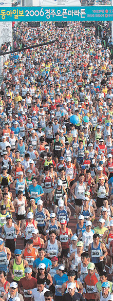 단풍 벗 삼아 천년고도 달렸다29일 경북 경주시에서 열린 동아일보 2006 경주오픈마라톤(경상북도, 경주시, 동아일보 공동주최) 참가자들이 출발 지점인 경주시민운동장을 빠져나가고 있다. 이날 풀코스 4536명, 하프코스 3116명, 10km 2361명 등 1만여 명의 마스터스 출전자들은 단풍으로 물든 ‘천년고도’ 경주를 달리며 마라톤의 즐거움을 만끽했다. 경주=특별취재반