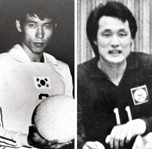 전성기 시절의 배구 스타 장윤창(왼쪽)과 강만수. 동아일보 자료 사진