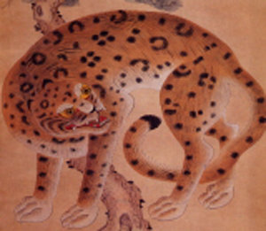 조선 후기 무명화가가 그린 호랑이와 까치의 그림. 이러한 동물 그림이 복을 가져온다는 믿음 때문에 17세기 일본에서 인기였다. 동아일보 자료 사진