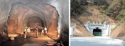 8일 처음 공개된 대전 한국원자력연구소 지하연구시설과 그 입구(오른쪽). 깊이 90m, 총길이 255m에 이르는 거대한 이 인공 땅굴은 원전에서 나오는 폐연료봉의 영구처분 방법을 연구하기 위해 건설됐다. 넓은 화강암 지대를 이루는 우리의 여건을 고려해 지하 300∼500m 화강암층에 처분장을 짓는 방안이 검토되고 있다. 사진 제공 한국원자력연구소