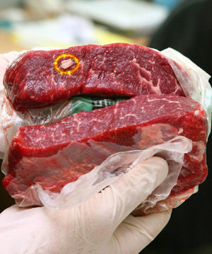 지난달 말 수입된 미국산 쇠고기 8.9t에 대한 검역 과정에서 뼛조각이 발견됨에 따라 한미 쇠고기 수입 위생조건에 따라 검역 불합격 판정이 내려진 가운데, 24일 오후 국립수의과학검역원 인천지원에서 공개한 미국산 쇠고기 살치살 부위에 손톱만한 뼛조각(노란색 원테두리 안)이 박혀있다.연합