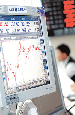 원-달러 환율이 9년 1개월여 만에 최저 수준인 달러당 927.60원에 마감한 4일 오후, 서울 중구 을지로2가 외환은행 본점 딜링룸에서 직원들이 외환 거래 모니터를 지켜보고 있다. 연합뉴스