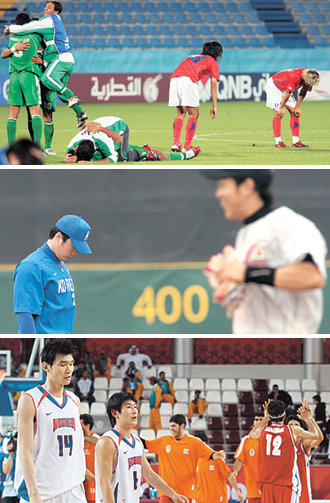프로 선수들이 주축이 된 축구 야구 농구(위쪽 사진부터) 등 국내 3대 인기 스포츠가 도하 아시아경기에서 줄줄이 참패해 자존심을 구겼다. 도하=연합뉴스