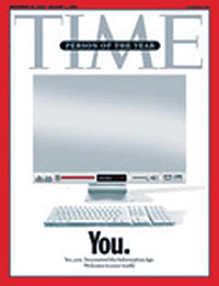 18일 공식 발매되는 타임지 ‘2006년 올해의 인물’ 특별호 표지 사진. 올해의 인물인 ‘당신(You)’이 비칠 수 있도록 모니터에 반사지를 붙인 컴퓨터가 모델로 등장한다. 출처 타임 웹사이트
