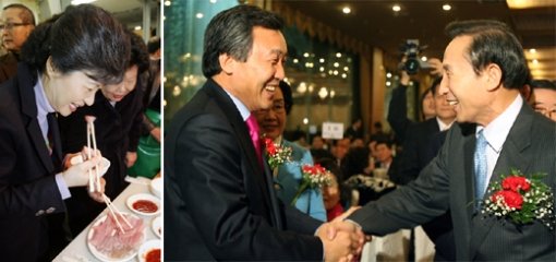 홍어 맛보고… 6·3동지회 찾고…박근혜 전 한나라당 대표가 26일 광주를 방문해 서구 양동시장에서 홍어를 맛보며 웃고 있다(왼쪽 사진). 이명박 전 서울시장과 손학규 전 경기지사가 26일 저녁 서울 시내 한 음식점에서 열린 ‘6·3 동지회’ 정기총회에서 만나 웃으며 악수를 하고 있다(오른쪽 사진). 연합뉴스