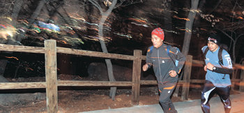 뜨거운 사막을 내달리는 ‘사막마라톤’으로 극한 도전을 계속해 온 조경일 씨(왼쪽)와 유지성 씨가 ‘최후의 사막레이스’로 불리는 남극마라톤 도전을 위해 서울 남산 산책로에서 달리기 훈련을 하고 있다. 박영대 기자