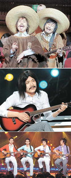 지상파 3사 개그 프로그램의 비슷한 캐릭터가 나오는 코너들. 위부터 KBS2 ‘개그콘서트’의 ‘야야야 브라더스’, MBC ‘개그야’의 ‘크레이지’, SBS ‘웃음을 찾는 사람들’의 ‘보이스 포 맨2’. 사진 제공 각 방송사