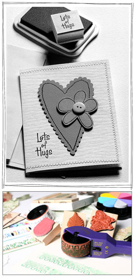 스탬프로 찍은 하트와 꽃 문양을 오려 붙이고 ‘Lots of Hugs’ 메시지 스탬프를 찍어 만든 수제 카드(위). 롤 스탬프와 나비, 나뭇잎 무늬 스탬프, 스탬프 전용 잉크패드 등으로 나만의 개성이 숨쉬는 작품을 쉽게 만들 수 있다(아래). 원대연 기자·사진 제공 핸즈링크·스탬프마마