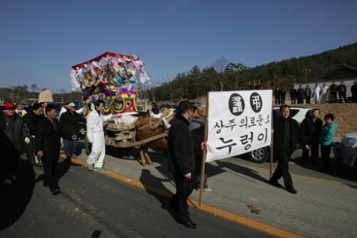 상주 ‘의로운 소’꽃상여타고 가다.정용균 기자