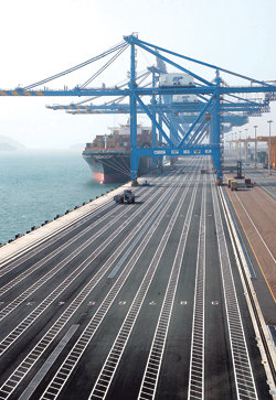 한산한 크레인 19일로 개장 1주년을 맞는 부산신항. 분주하게 하역작업이 이뤄지는 모습을 찾아보기 힘들다. 지난해 부산신항의 가동률은 30%에도 미치지 못해 신항 활성화를 위한 인프라 확충 등이 시급하다는 지적을 받고 있다. 부산=최재호 기자