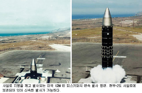 차량이 이끄는 수직 발사대에 실린 현무-1. 최근 한국은 사일로에서 발사되는 현무-2와 순항미사일인 현무-3 개발에 성공했다.