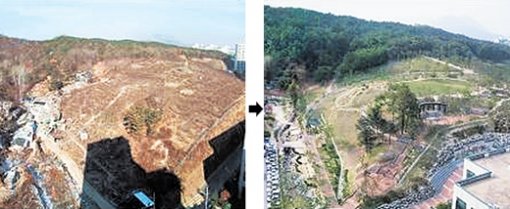 공원용지로 묶였지만 오랫동안 개발되지도 않은 채 버려진 땅처럼 방치됐던 서울 중랑구 봉화산근린공원(왼쪽)은 지난해 비로소 공원다운 모습을 갖추고 주민들에게 개방됐다. 사진 제공 서울시