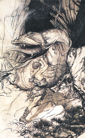 바그너의 연작 오페라가 된 반지이야기는 신들로부터 시작해 난쟁이 용 영웅 인간종족까지 끝도 없이 이어진다. 아서 래컴의 그림(1911년)은 용을 죽인 영웅 지구르트를 그렸다. 사진 제공 웅진지식하우스