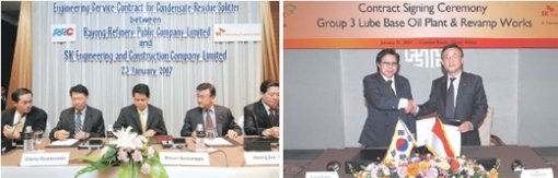 SK건설은 지난달 23일 태국에서 현지 RRC사와 정유공장 시설 고도화사업을 위한 기본설계 용역 계약을 체결했다(왼쪽 사진). SK건설 유웅석 사장(오른쪽 사진 오른쪽)이 지난달 30일 서울 광장동 쉐라톤워커힐호텔에서 인도네시아 윤활기유 제조공장 건설 공사 계약을 체결한 뒤 현지 합자회사 사장인 루스나리조아리 씨와 악수하고 있다. 사진 제공 SK건설