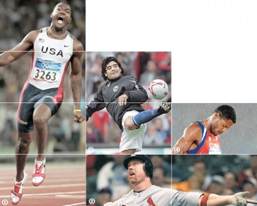 2004년 아테네 올림픽 육상 남자 100m 금메달리스트인 저스틴 게이틀린(미국 ①)은 지난해 금지약물 복용 사실이 드러나 8년간 경기에 나설 수 없게 됐다. 그해 자신이 세운 9초 77의 세계 타이기록도 취소됐다. ‘축구 신동’ 디에고 마라도나(아르헨티나 ②)는 1991년 코카인, 1994년 에페드린 양성반응으로 월드컵에서 영구 추방됐고, 1998년 미국 메이저리그에서 70홈런 신기록을 세웠던 마크 맥과이어(미국 ③)도 약물 파동에 휘말리며 명예의 전당 입성이 좌절됐다. 남자 높이뛰기 세계기록 보유자 하비에르 소토마요르(쿠바 ④)는 1999년 세계육상선수권대회에서 약물검사 양성반응으로 선수 자격 보류판정을 받았다.