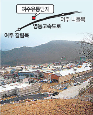 수도권정비계획법 위반 논란에 휩싸인 경기 여주군 여주읍 상거리 여주유통단지에 건설 중인 고급 의류 할인판매 전문점 ‘신세계첼시’. 폭 20m 도로를 사이에 두고 왼쪽(1만2637㎡·3822.7평)과 오른쪽(1만4352㎡·4341.5평) 건물 두 동이 보인다. 사진 제공 여주군