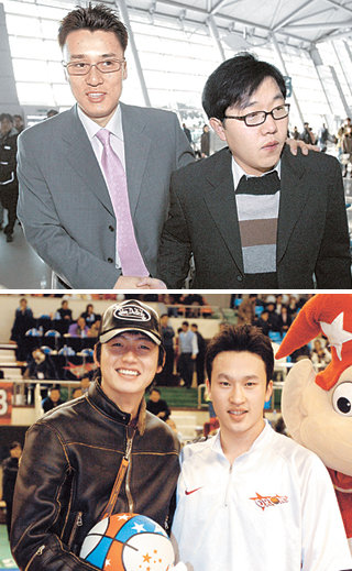 스포츠 스타와 연예인 가운데는 친형제만큼 가까운 경우가 있다. 왼쪽 사진은 일본으로 출국하는 이승엽(위)을 배웅하기 위해 공항에 나간 김제동. 오른쪽 사진은 동갑내기 친구인 김승현(아래)을 응원하려고 체육관을 찾은 영화배우 이정진. 동아일보 자료 사진