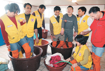 정신지체장애인시설인 경기 하남시 ‘나그네의 집’에서 지난해 2월 엑몬봉사회 회원들과 한국인 자원봉사자, 원생들이 한데 어우러져 이불 빨래를 하고 있다. 동아일보 자료 사진