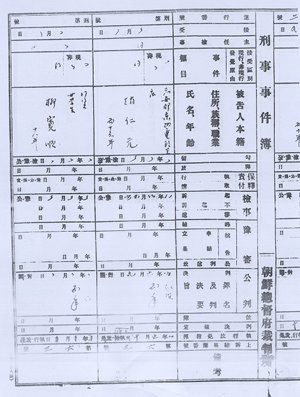 1919년 당시 공주지방법원이 유관순 열사에게 선고한 1심 재판 형량이 기록된  ‘병천(아우내)·동면계 형사사건부’. 왼쪽 윗 부분 성명(氏名)과 연령(年齡)란에 '유관순(柳寬順) 18세(十八年)' 이라고 적혀 있다. 왼쪽 아래 공판(公判)란에는 '징역 5년(五年)'이라고 적혀 있다. 향토사학자 임명순 씨 제공