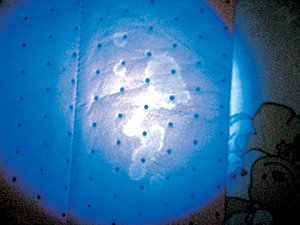 ‘폴리라이트’로 침구를 비추자 나타난 얼룩. 사진 제공 알트라이트