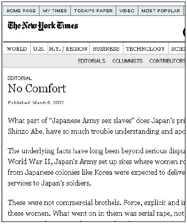 뉴욕타임스 3월 6일자 인터넷판에 실린 ‘위안이 아니다(No Comfort)’라는 제목의 사설 화면. 이 제목은 일본 정부가 군위안부(sex slaves)의 강제 연행 사실을 부인하며 위안여성(comfort women)이라는 표현을 쓰는 것을 비꼰 것. 사설은 “일본 정치인들은 진실을 인정하는 것이 부끄러운 과거를 극복할 첫 단계라는 것을 인식할 때가 왔다”고 지적했다.