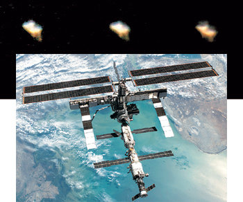 한국천문연구원이 지난달 28일 오후 7시 4분경 지름 20cm급 천체망원경을 이용해 약 20초 간격으로 연속 촬영한 400km 상공의 국제우주정거장(ISS) 모습(위)과 이를 확대한 사진. 사진 제공 한국천문연구원