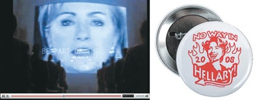 조지 오웰의 소설 ‘1984년’을 패러디한 안티 힐러리 동영상. 오른쪽은 안티 힐러리 배지. 자료 화면 유튜브