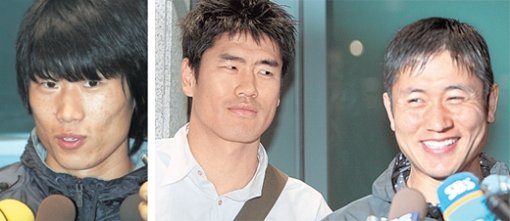 왼쪽부터 ‘대형 엔진’ 박지성, ‘설바우두’ 설기현, ‘꾀돌이’ 이영표. 인천=연합뉴스