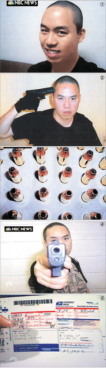 버지니아공대 총격 사건의 범인 조승희가 사건 당일 미국 NBC 방송사에 보내 18일 공개된 사진들. 태연히 미소를 짓고 있는 범인의 모습(사진 ①), 자신의 머리에 총구를 들이댄 범인(②), 수십 개의 총알을 가지런히 정렬해 놓고 찍어 범인의 편집광적 내면을 보여 주는 것(③), 카메라를 향해 총구를 겨누고 있는 모습(④). NBC 앵커맨 브라이언 윌리엄스 씨가 들어 보인 우편물 봉투(⑤). 워싱턴·뉴욕=EPA 로이터 AFP 연합뉴스
