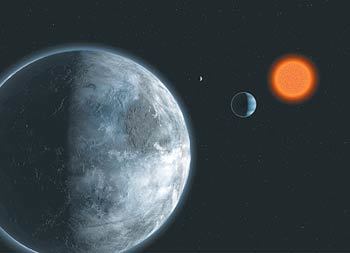 태양계 밖에 생명체가 생존할 수 있는 환경을 가진 것으로 추정되는 행성 ‘글리제 581c’(왼쪽)의 상상도. ‘슈퍼지구’로도 불리는 이 행성은 적색 왜성 ‘글리제 581’ 주위를 공전한다. AP 연합뉴스