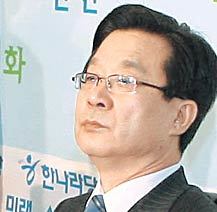 한나라당 과태료 대납 사건을 수사 중인 대구지검은 2일 강재섭 대표의 지역구 사무실을 압수수색해 선거자료를 가져갔다. 강 대표가 3일 당 최고위원회의 도중 먼 곳을 쳐다보며 허탈한 표정을 짓고 있다. 이종승  기자