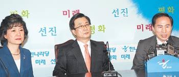 이명박 전 서울시장(오른쪽)이 4일 서울 강서구 염창동 당사에서 열린 박근혜 전 대표(왼쪽), 강재섭 대표(가운데), 김형오 원내대표와의 회동에서 인사말을 하고 있다. 연합뉴스