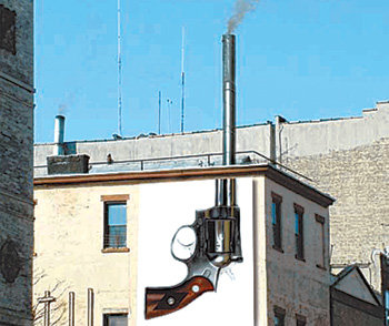 뉴욕 ‘원쇼’ 페스티벌에서 최우수상을 수상한 이제석 씨의 작품. 건물 굴뚝 아래에 총의 이미지를 결합해 죽음을 가져오는 대기오염의 심각성을 강조했다. 연합뉴스