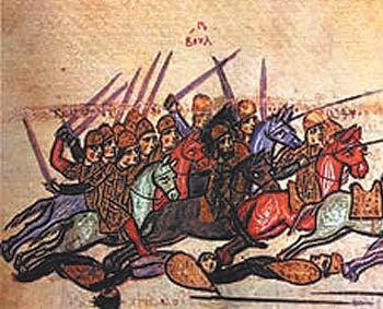 비잔틴 군대를 공격하는 9세기 불가리아군을 형상화한 비잔틴시대의 기록화.