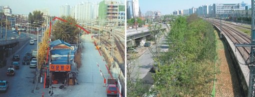 서울 동대문구 이문동 경원선 4녹지의 공사전 모습(왼쪽)과 공원조성 후 모습.
