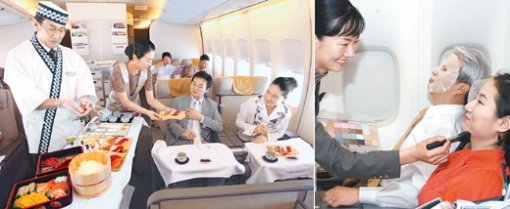 아시아나항공은 요리사가 직접 초밥을 만들어 주는 ‘기내 셰프 서비스’(왼쪽)와 승무원이 피부를 관리해 주고 메이크업을 고쳐 주는 ‘챠밍 서비스’를 시행하고 있다. 사진 제공 아시아나항공