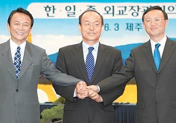 3일 오후 제주 국제컨벤션센터에서 열린 한중일 3국 외교장관 회의에 앞서 송민순 외교통상부 장관(가운데)과 양제츠 중국 외교부장(오른쪽), 아소 다로 일본 외상이 손을 잡고 기념촬영을 하고 있다. 제주=연합뉴스