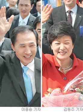 한나라당의 유력 대선주자인 이명박 전 서울시장(왼쪽 사진)과 박근혜 전 대표(오른쪽 사진)가 11일 서울 강서구 염창동 당사에 도착해 지지자들에게 손을 흔들어 인사하고 있다. 이날 두 사람은 제17대 대통령 선거 한나라당 후보 경선 출마를 공식 선언했다. 경선 투표는 8월 19일 전국에서 동시에 실시된다.