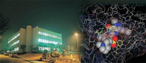 올해 7월로 창립 30주년을 맞는 경기 용인시 상갈동 동아제약 연구소 야경(왼쪽)과 동아제약이 2005년 세계에서 네 번째로 개발한 발기부전 치료제 신약 ‘자이데나’의 분자모델. 사진 제공 동아제약