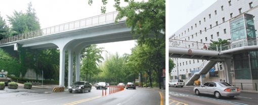 1970년 이전에 세워진 육교 중 서울에 유일하게 남아 있는 한남육교(왼쪽). 사람과 차가 함께 건너도록 만들어져 보통 육교보다 폭이 넓은 게 인상적이다. 이에 비해 서울 최초의 육교 자리에 지난해 최신형으로 세워진 아현고가 밑 육교(오른쪽)는 세련된 디자인으로 오가는 시민들의 눈길을 끈다. 김재명 기자