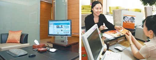 코스피지수 2,000 시대가 성큼 다가오면서 금융자산에 대한 관심이 높아지자 증권사들이 자산관리영업을 강화하고 있다. 9일 문을 연 삼성증권 ‘Fn아너스’ 삼성타운 지점의 상담실(왼쪽). 미래에셋증권 직원이 고객과 상담하는 모습. 사진 제공 삼성증권, 미래에셋증권