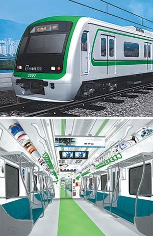 내년까지 서울지하철 2호선에 첨단 설비를 갖춘 신형 전동차 280량이 도입된다. 깔끔한 유선형으로 디자인된 신형 전동차(위)는 객차 내부에 이산화탄소 감지센서, 자동 유리 통로문, 쿠션 의자 등을 갖췄다(아래). 사진 제공 서울시