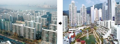 서울시가 29일 건축심의 개선대책을 발표함에 따라 획일적이던 아파트 단지(왼쪽)의 모습이 앞으로는 다양한 형태(오른쪽)로 바뀔 것으로 기대된다. 사진 제공 대한주택공사